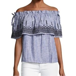 Parker Cassandra Chambray Striped Off-The-Shoulder Embroidered Top NWT